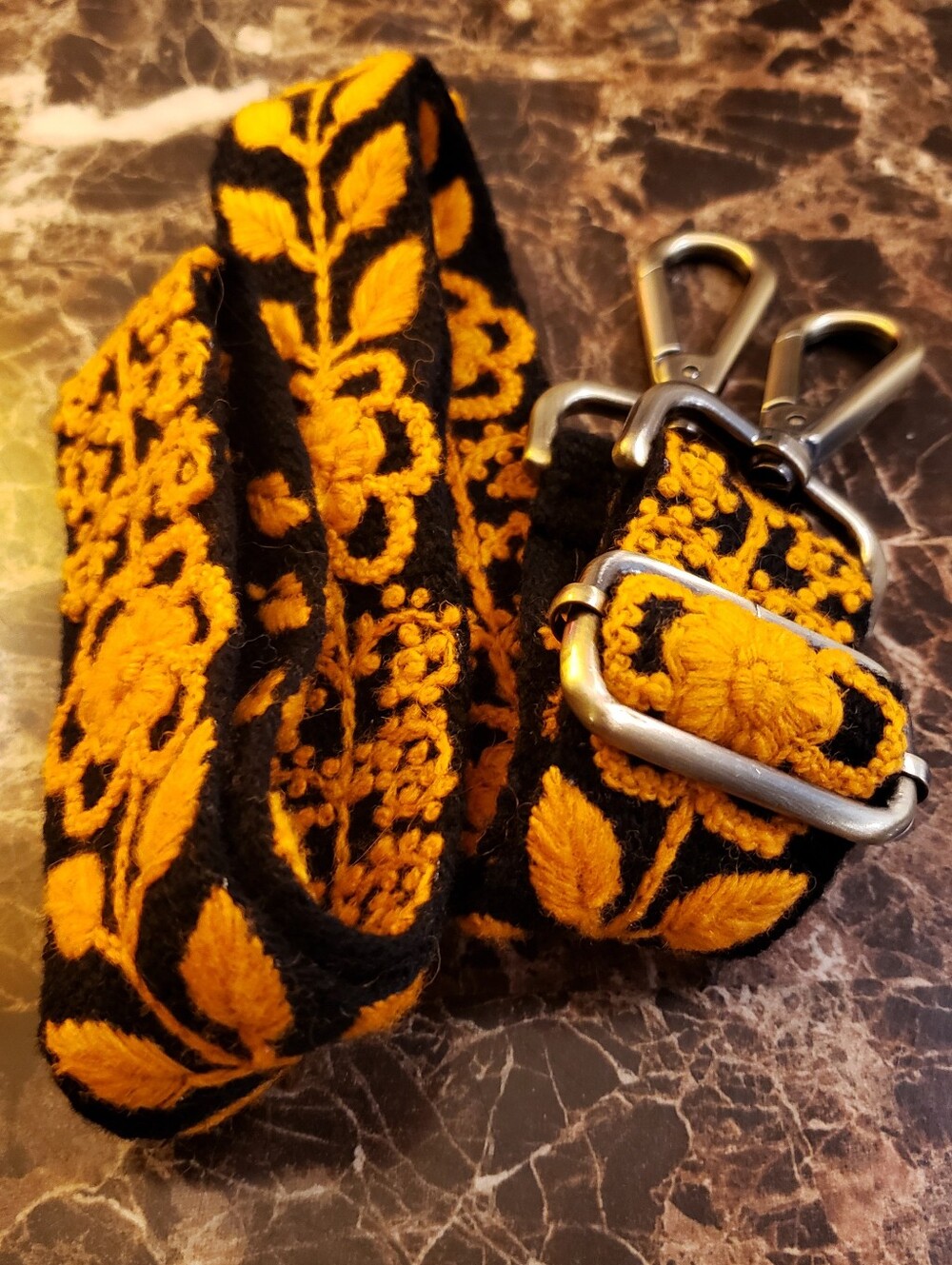 Madeline Parks Black & Orange 100% Wool Embroidered Purse Strap
